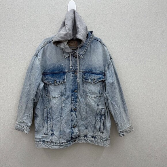 Free People Flawless Hooded Denim Oversized Button Jean Jacket Womens size Large - Picture 1 of 10